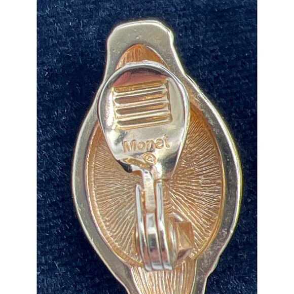 Vintage Monet Gold-Tone Clip-On Earrings With Red Oval Faux Coral Stone Design - Picture 5 of 6